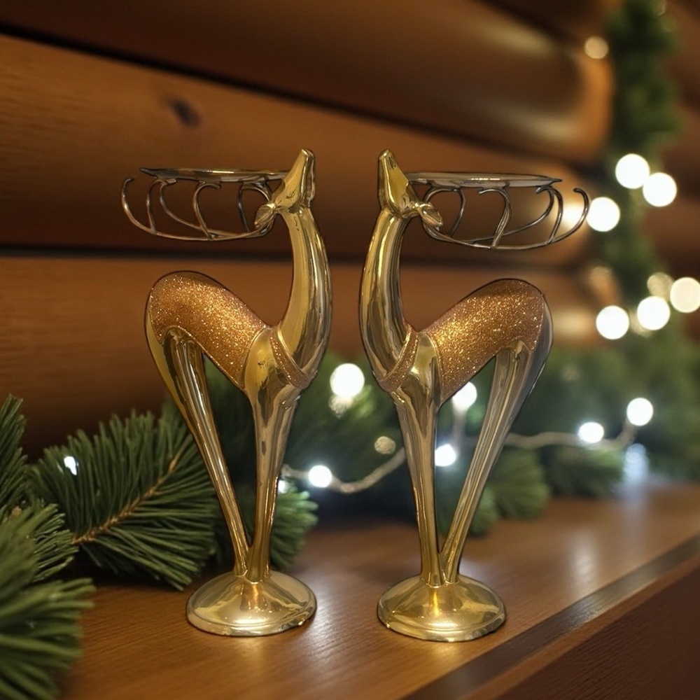 Tall Rustic Gold Painted Metal Beautiful Deer Candle Holder Set of 2